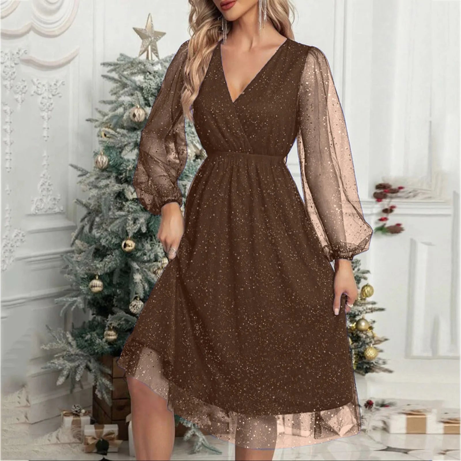Glitter Mesh V-Neck Long Sleeve A-Line Midi Party Dress