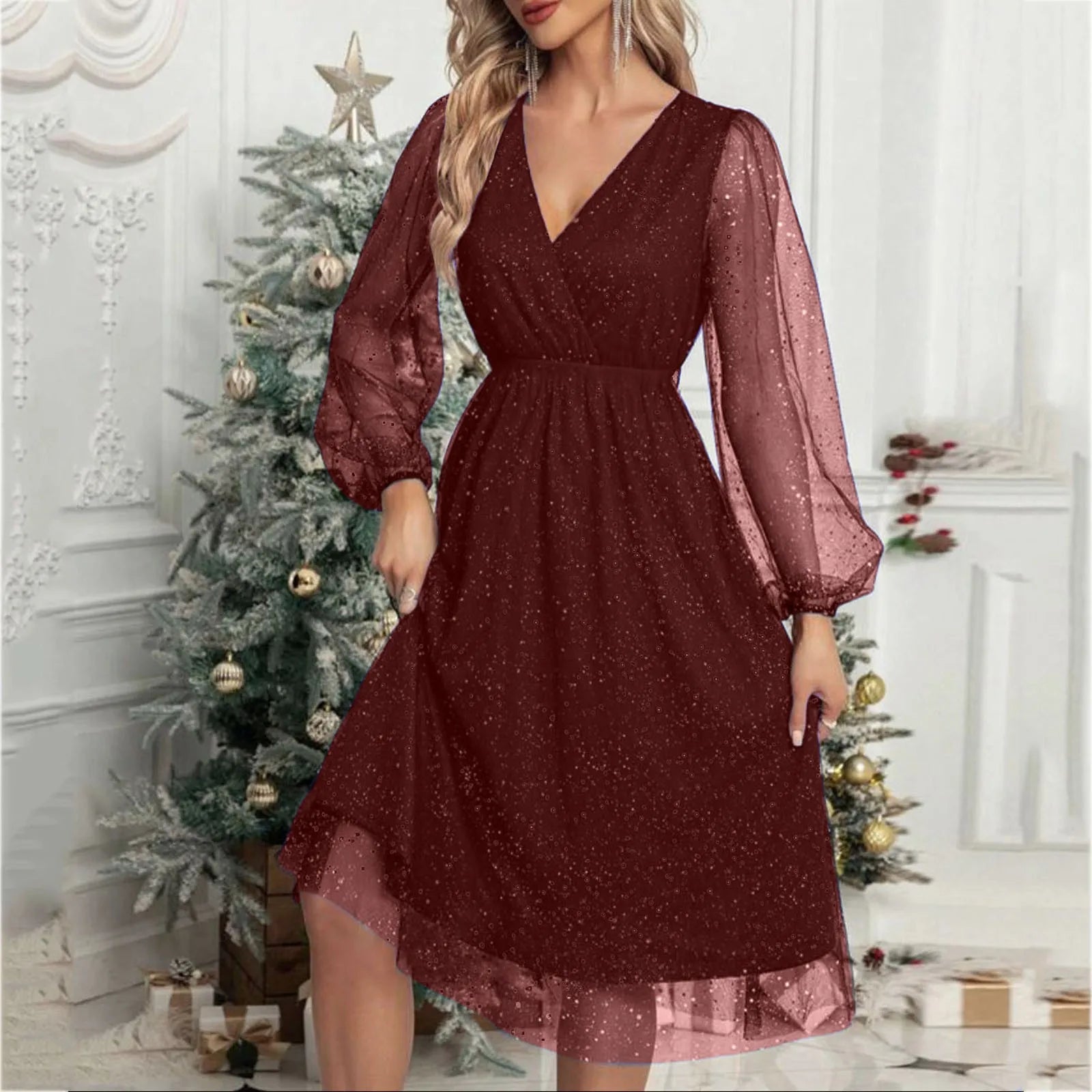 Glitter Mesh V-Neck Long Sleeve A-Line Midi Party Dress