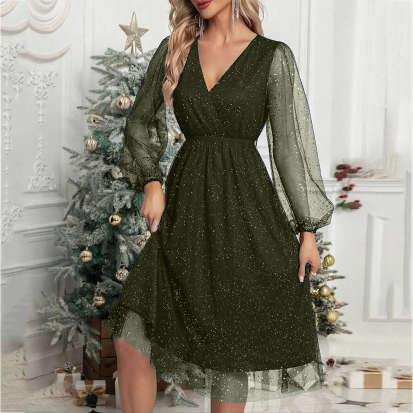 Glitter Mesh V-Neck Long Sleeve A-Line Midi Party Dress