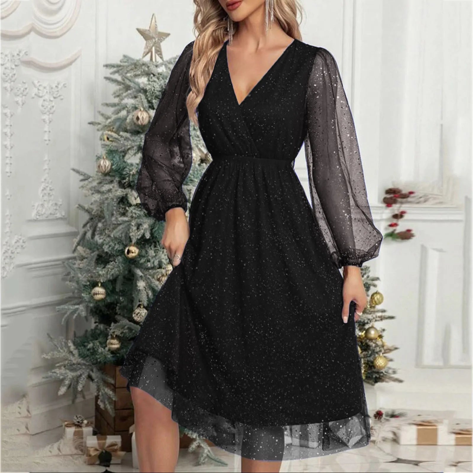 Glitter Mesh V-Neck Long Sleeve A-Line Midi Party Dress