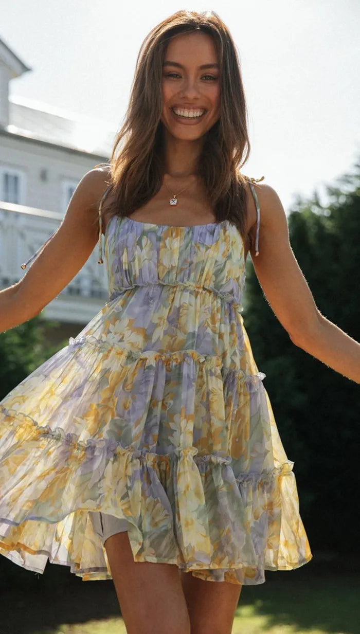 Floral Spaghetti Strap Tiered Ruffle Chiffon Mini Dress
