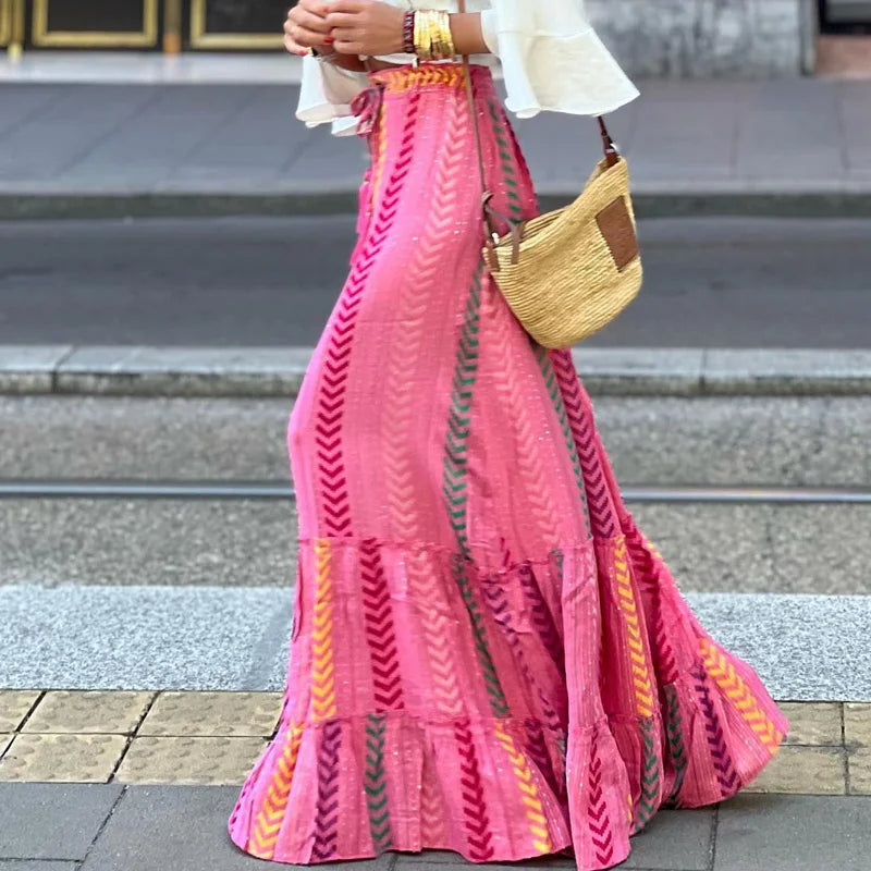 Refined High Waist Vintage Patterned Print Boho Long Maxi Skirt
