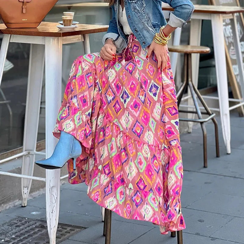 Refined High Waist Vintage Patterned Print Boho Long Maxi Skirt