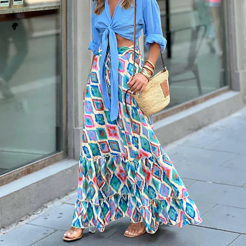 Refined High Waist Vintage Patterned Print Boho Long Maxi Skirt