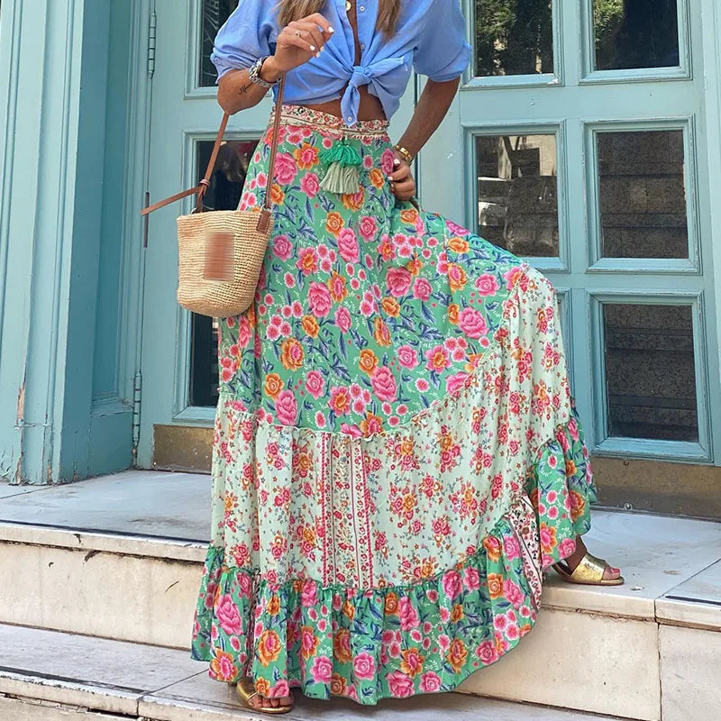Refined High Waist Vintage Patterned Print Boho Long Maxi Skirt