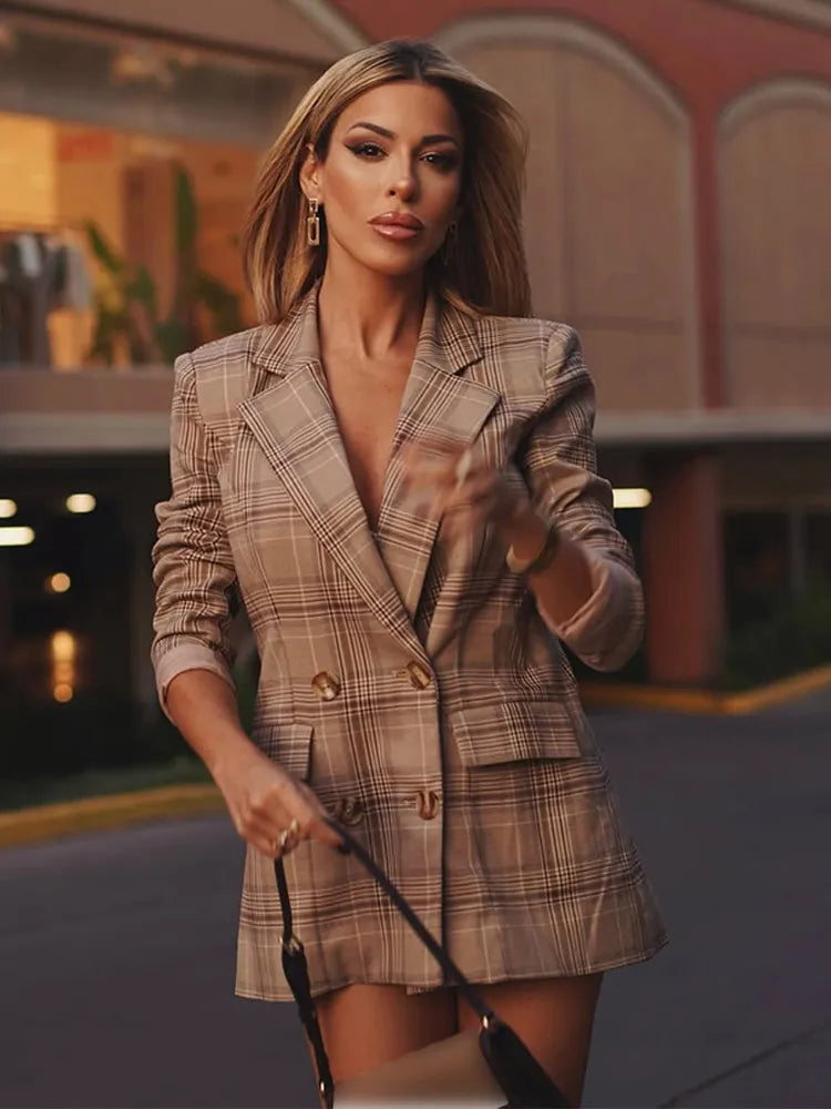 Plaid Double Breasted Lapel Collar Longline Blazer 2