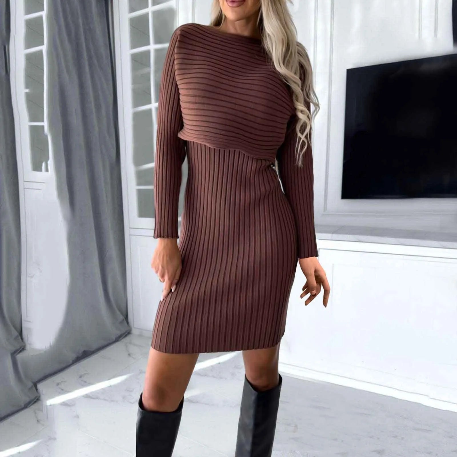 Ribbed Knit Boat Neck Long Sleeve Bodycon Sweater Mini Dress