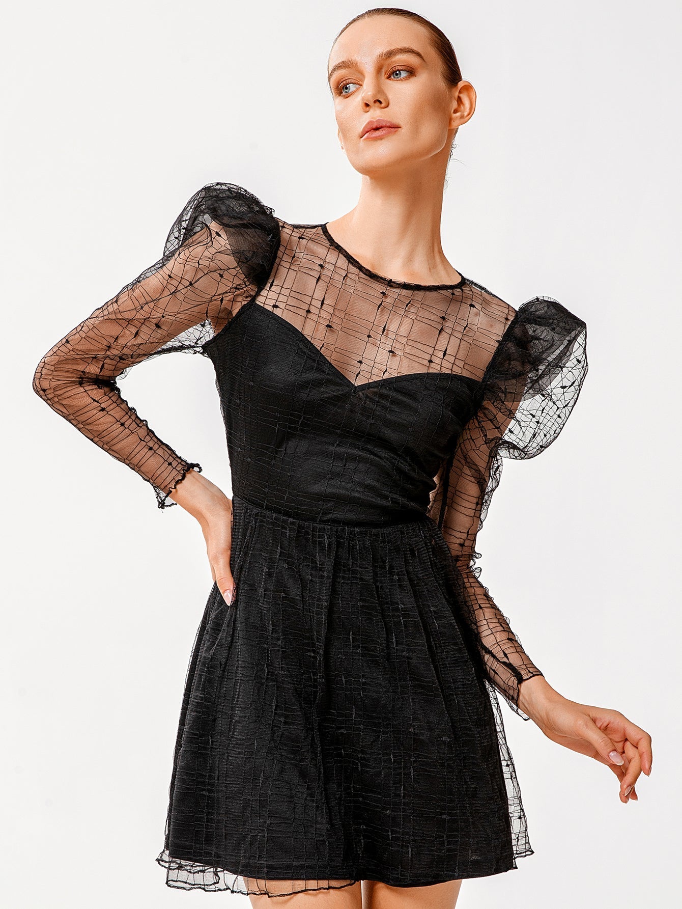 Mesh Grid Overlay Puff Sleeve Sweetheart Fit and Flare Mini Dress