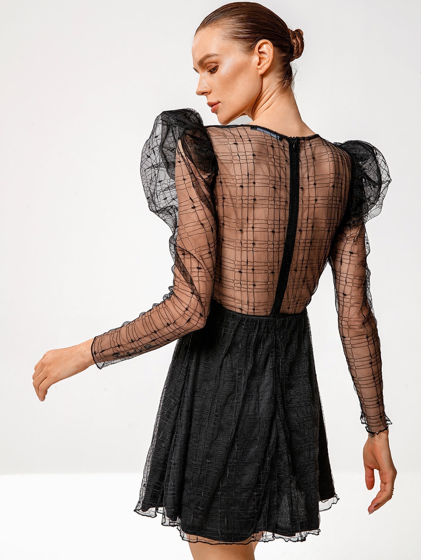 Mesh Grid Overlay Puff Sleeve Sweetheart Fit and Flare Mini Dress