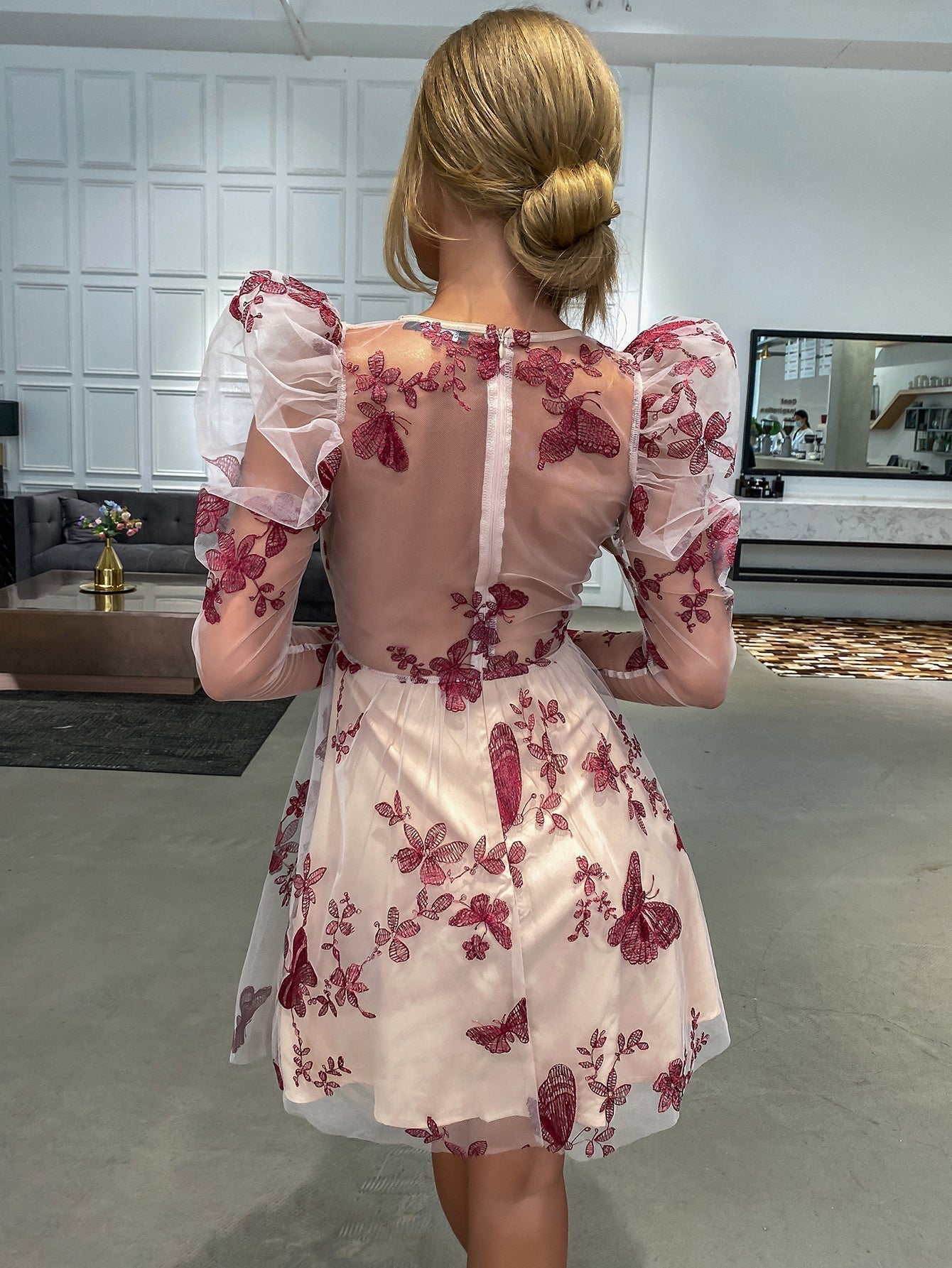Mesh Grid Overlay Puff Sleeve Sweetheart Fit and Flare Mini Dress