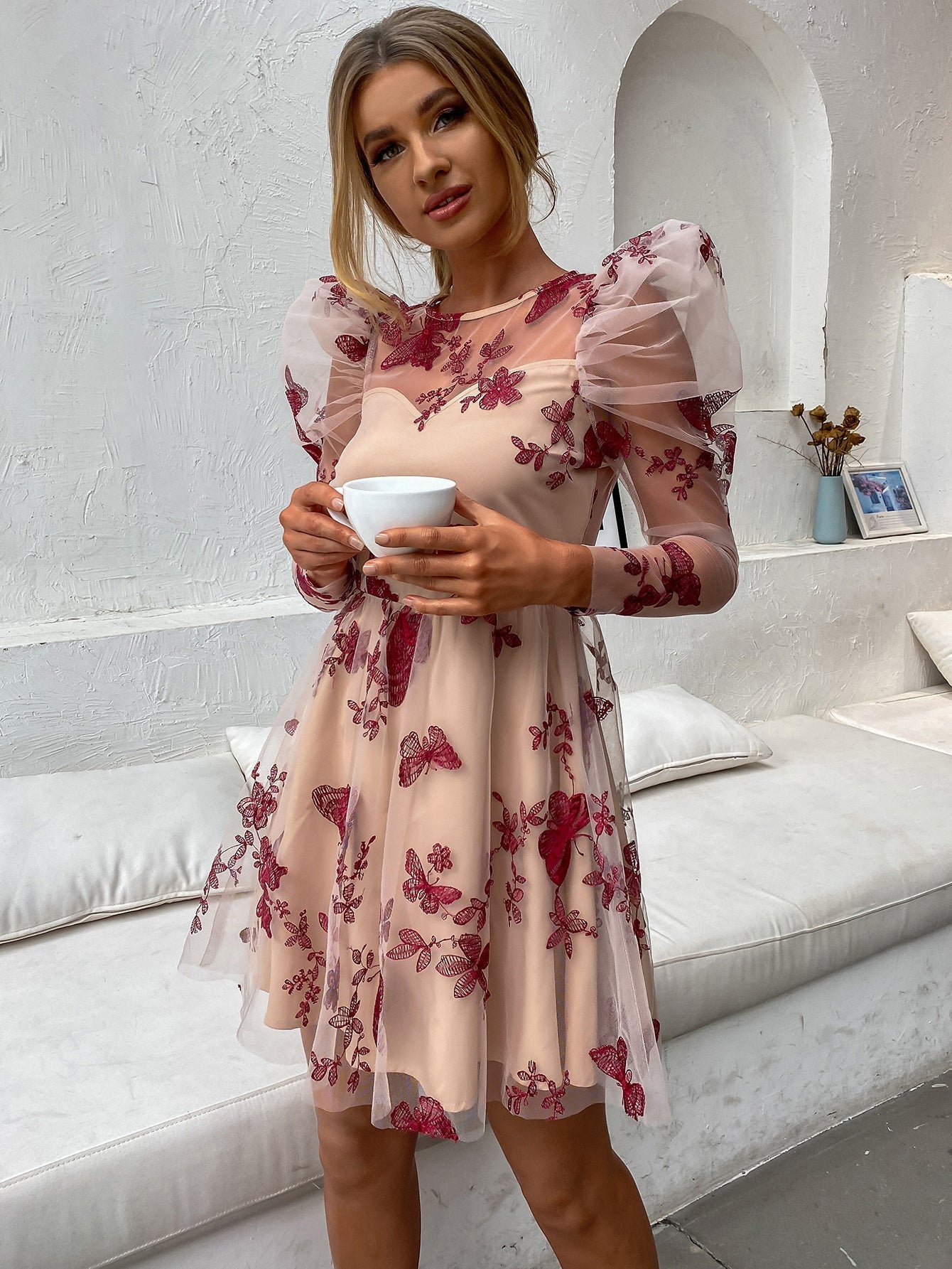 Mesh Grid Overlay Puff Sleeve Sweetheart Fit and Flare Mini Dress