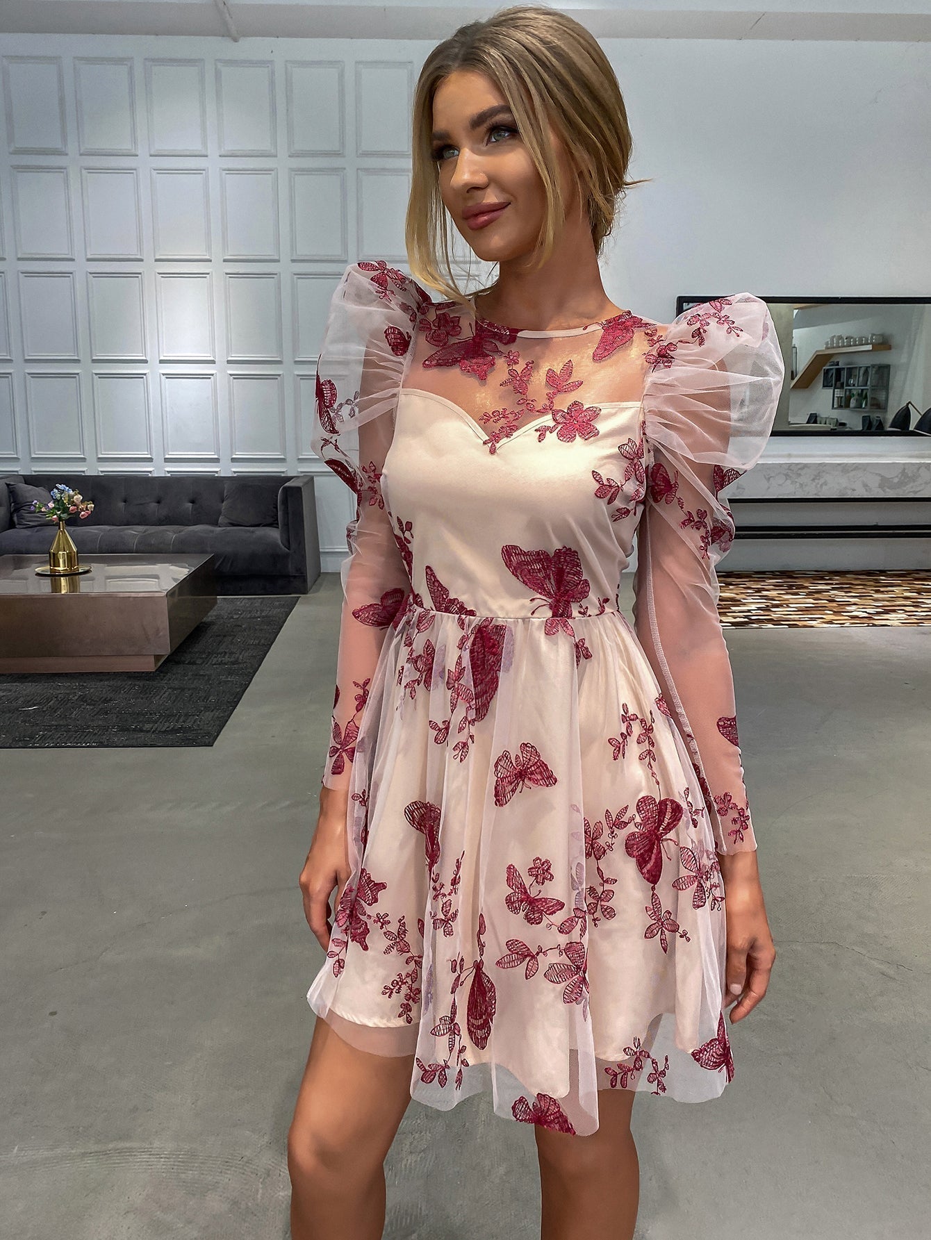 Mesh Grid Overlay Puff Sleeve Sweetheart Fit and Flare Mini Dress