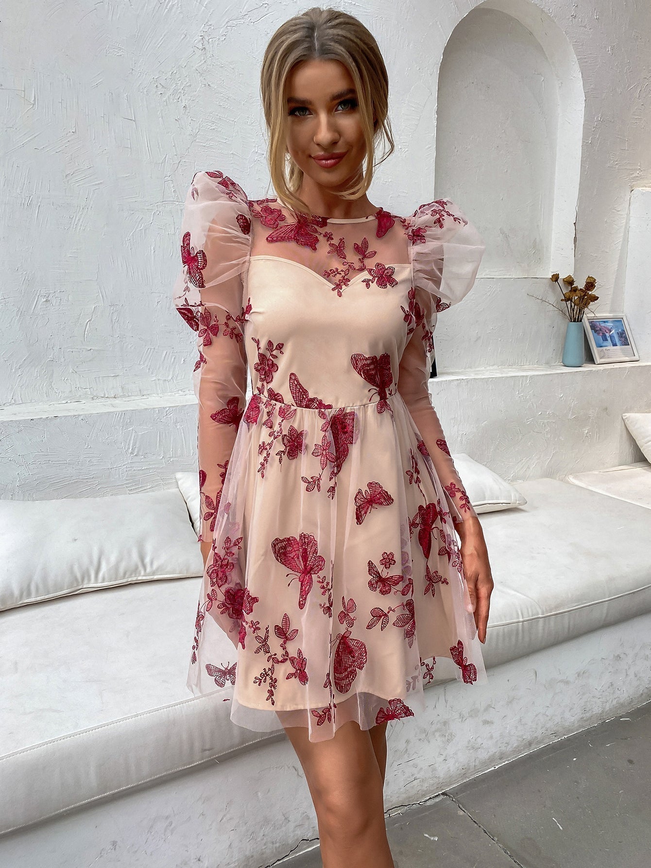 Mesh Grid Overlay Puff Sleeve Sweetheart Fit and Flare Mini Dress - View 10