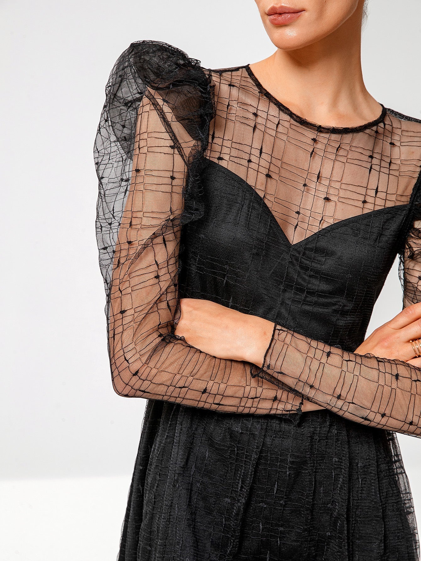 Mesh Grid Overlay Puff Sleeve Sweetheart Fit and Flare Mini Dress