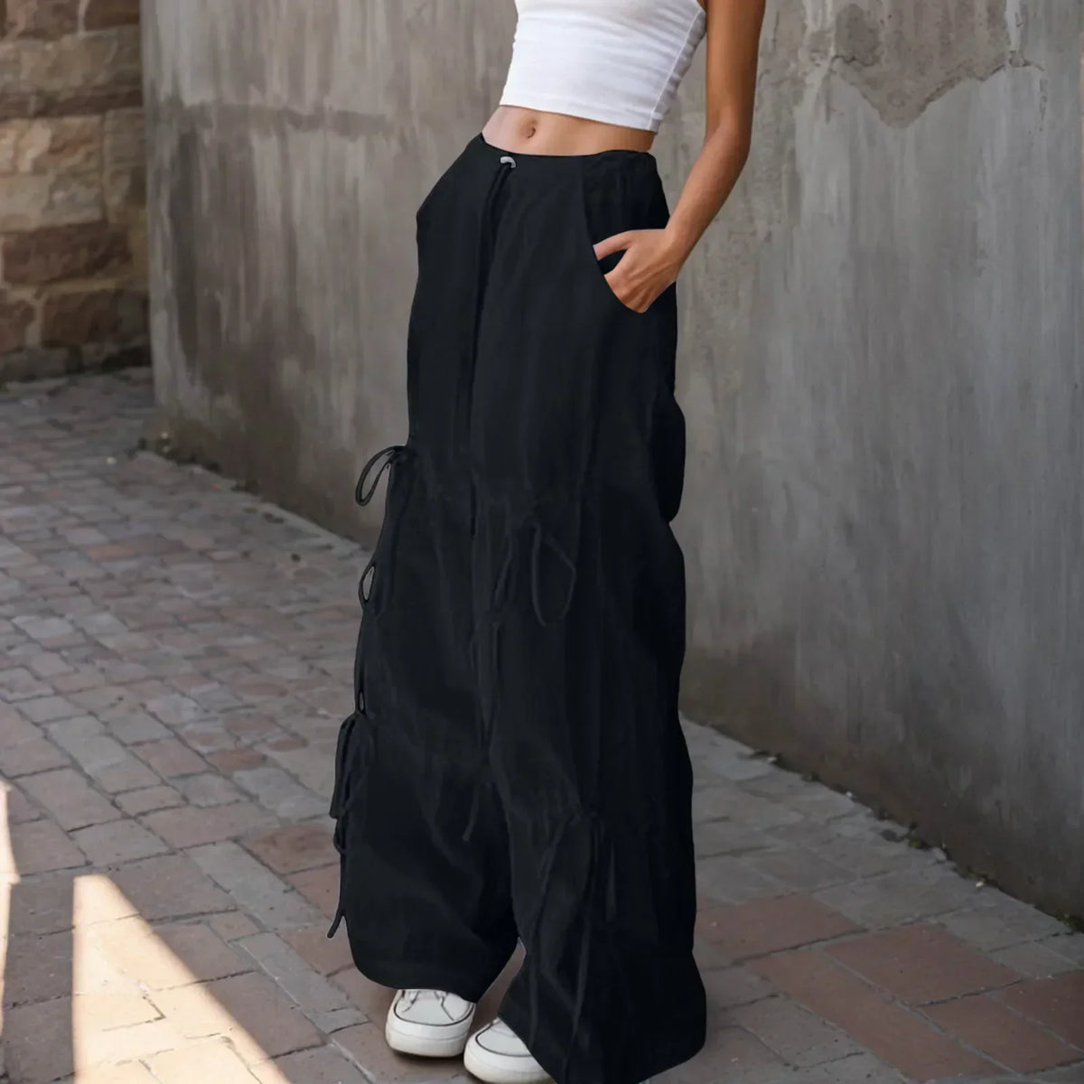 Drawstring Waist Side Tie Ruched Baggy Wide Leg Parachute Pants