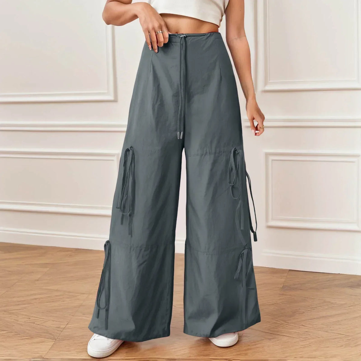 Drawstring Waist Side Tie Ruched Baggy Wide Leg Parachute Pants 7