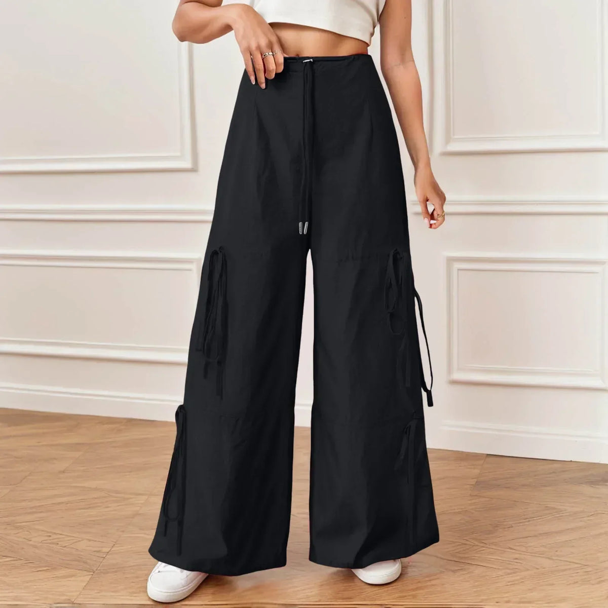 Drawstring Waist Side Tie Ruched Baggy Wide Leg Parachute Pants 4