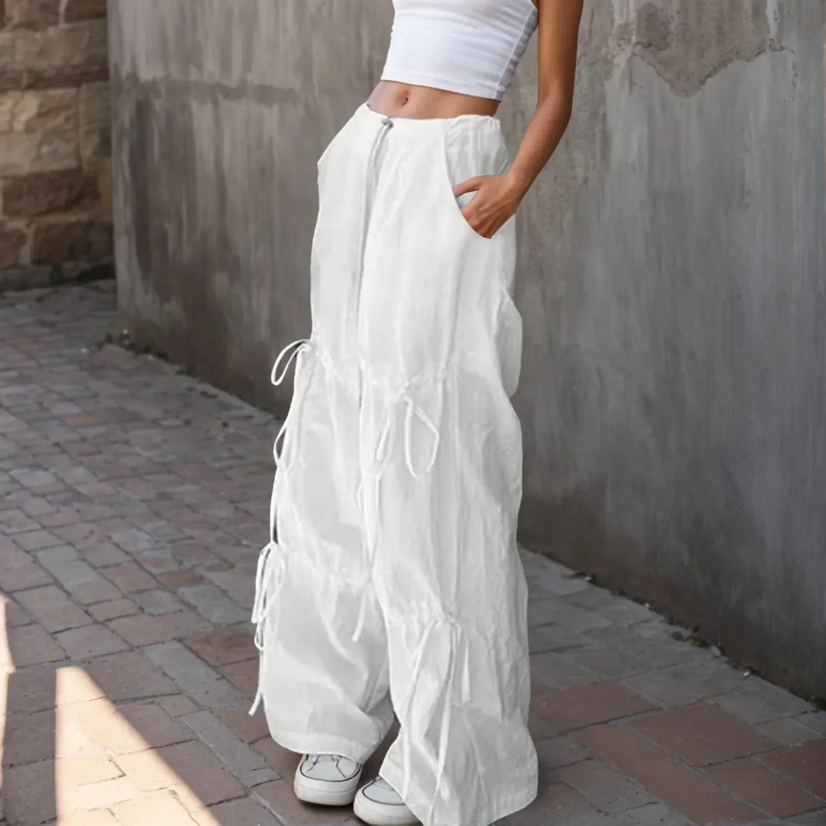 Drawstring Waist Side Tie Ruched Baggy Wide Leg Parachute Pants 3