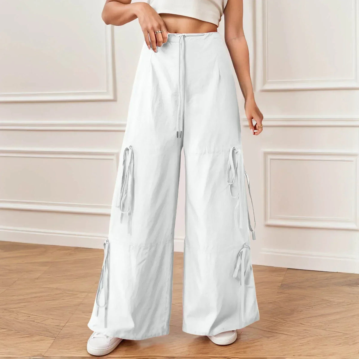 Drawstring Waist Side Tie Ruched Baggy Wide Leg Parachute Pants 6