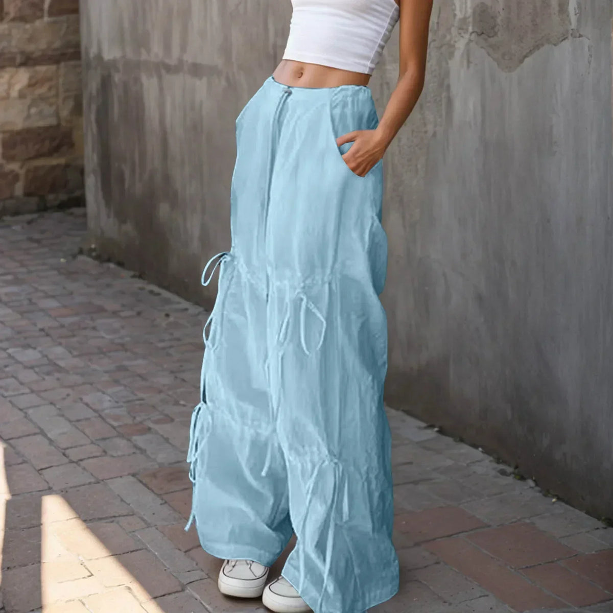 Drawstring Waist Side Tie Ruched Baggy Wide Leg Parachute Pants 2