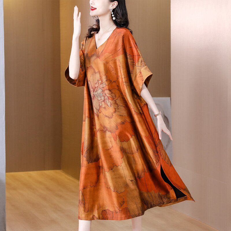 Floral Print V-Neck Batwing Sleeve High Split Kaftan Midi Dress