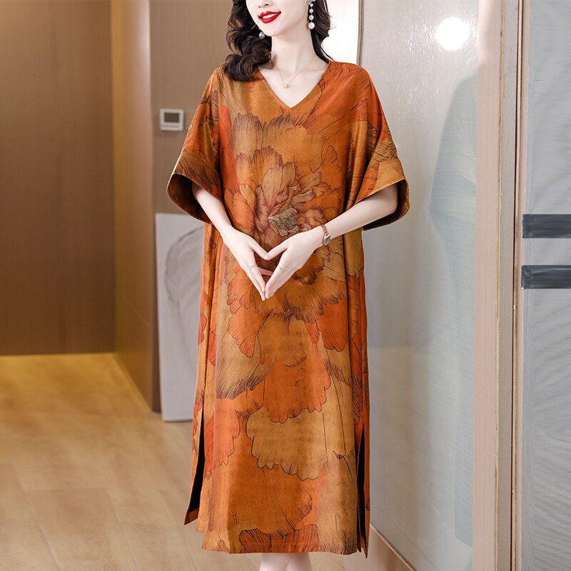 Floral Print V-Neck Batwing Sleeve High Split Kaftan Midi Dress