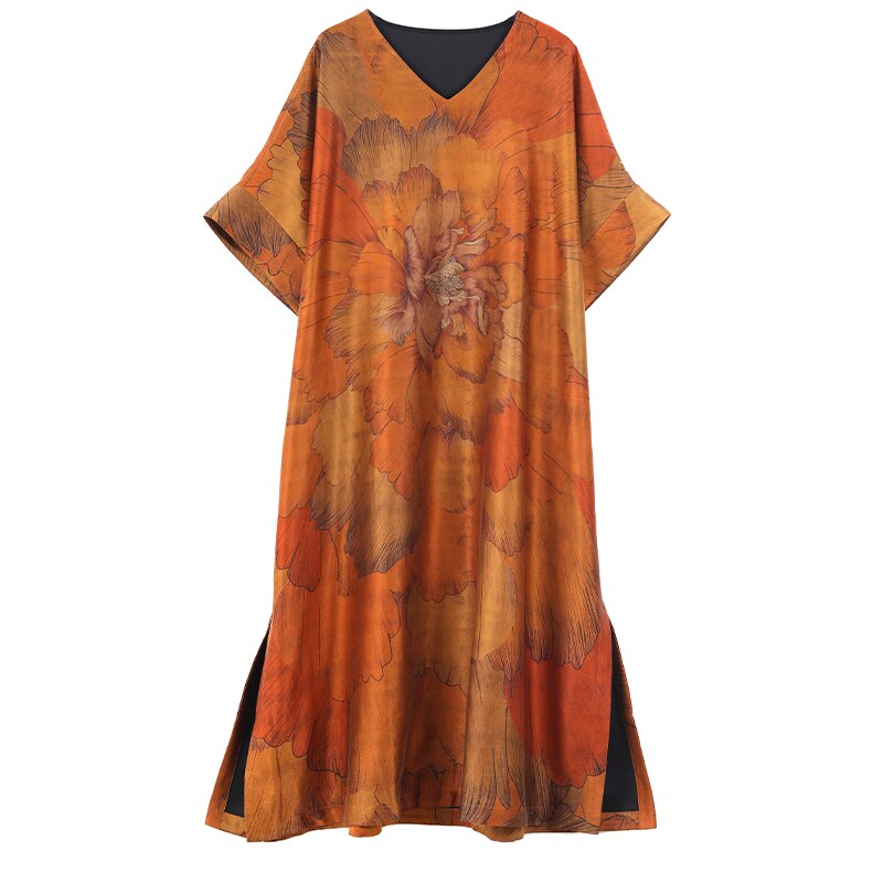 Floral Print V-Neck Batwing Sleeve High Split Kaftan Midi Dress