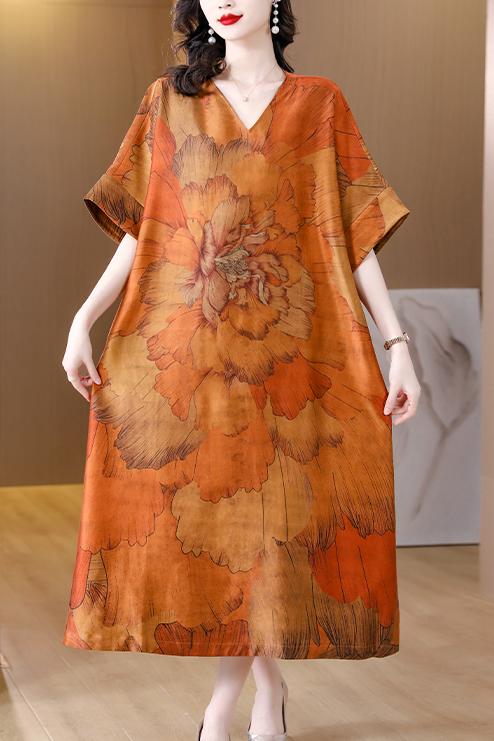 Floral Print V-Neck Batwing Sleeve High Split Kaftan Midi Dress