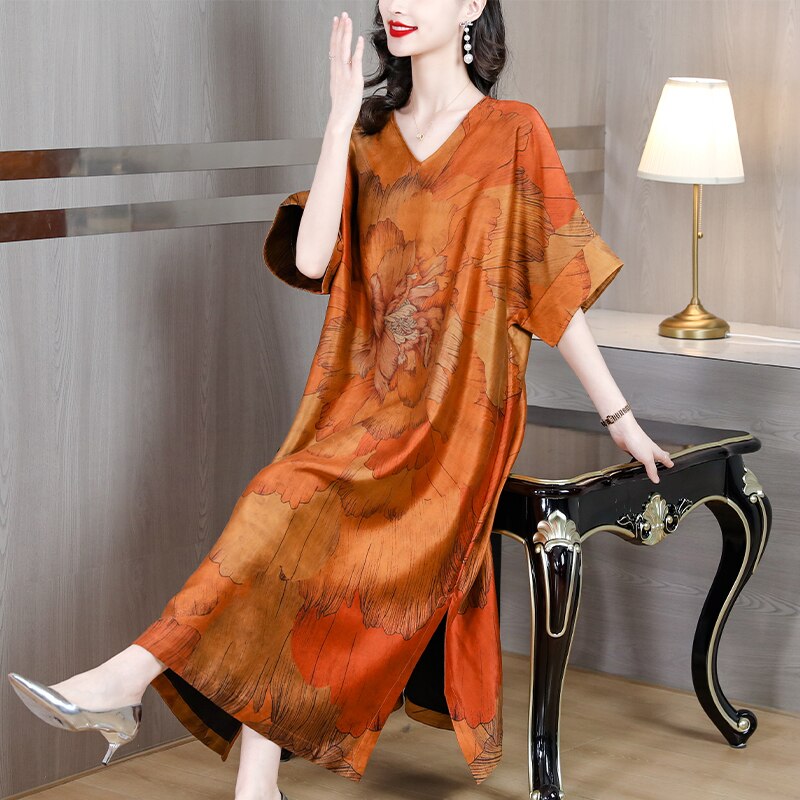 Floral Print V-Neck Batwing Sleeve High Split Kaftan Midi Dress