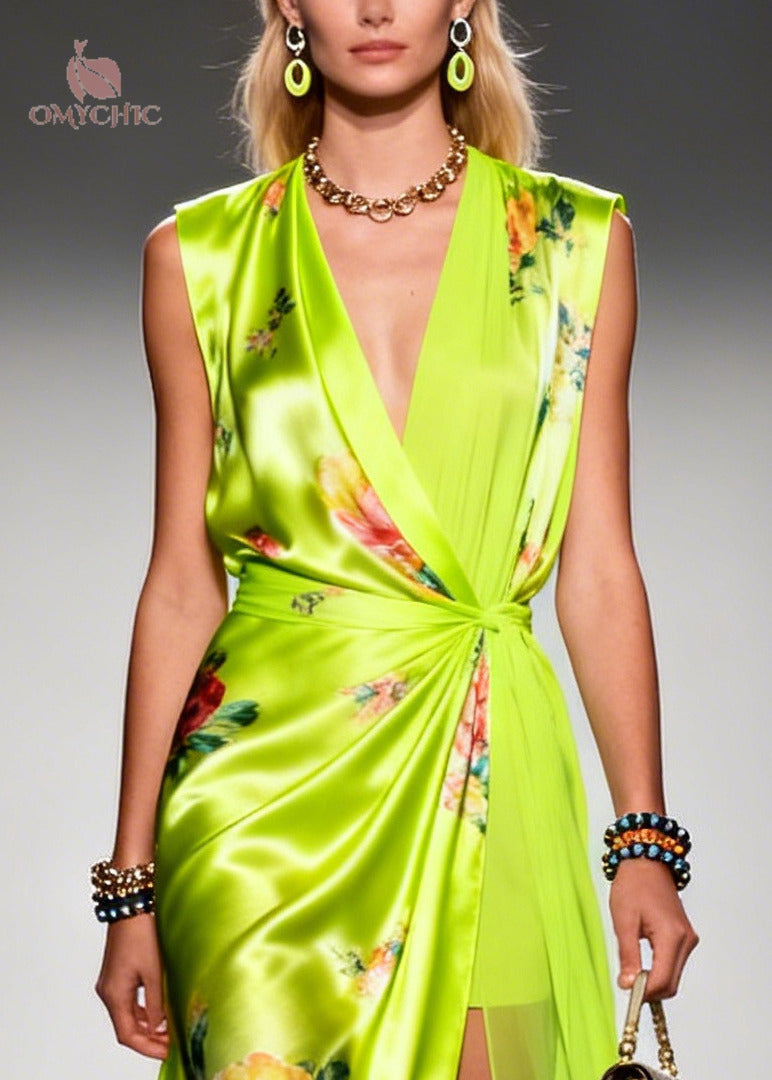 Floral Print Spaghetti Strap Deep V-Neck Wrap High Split Chiffon Maxi Gown