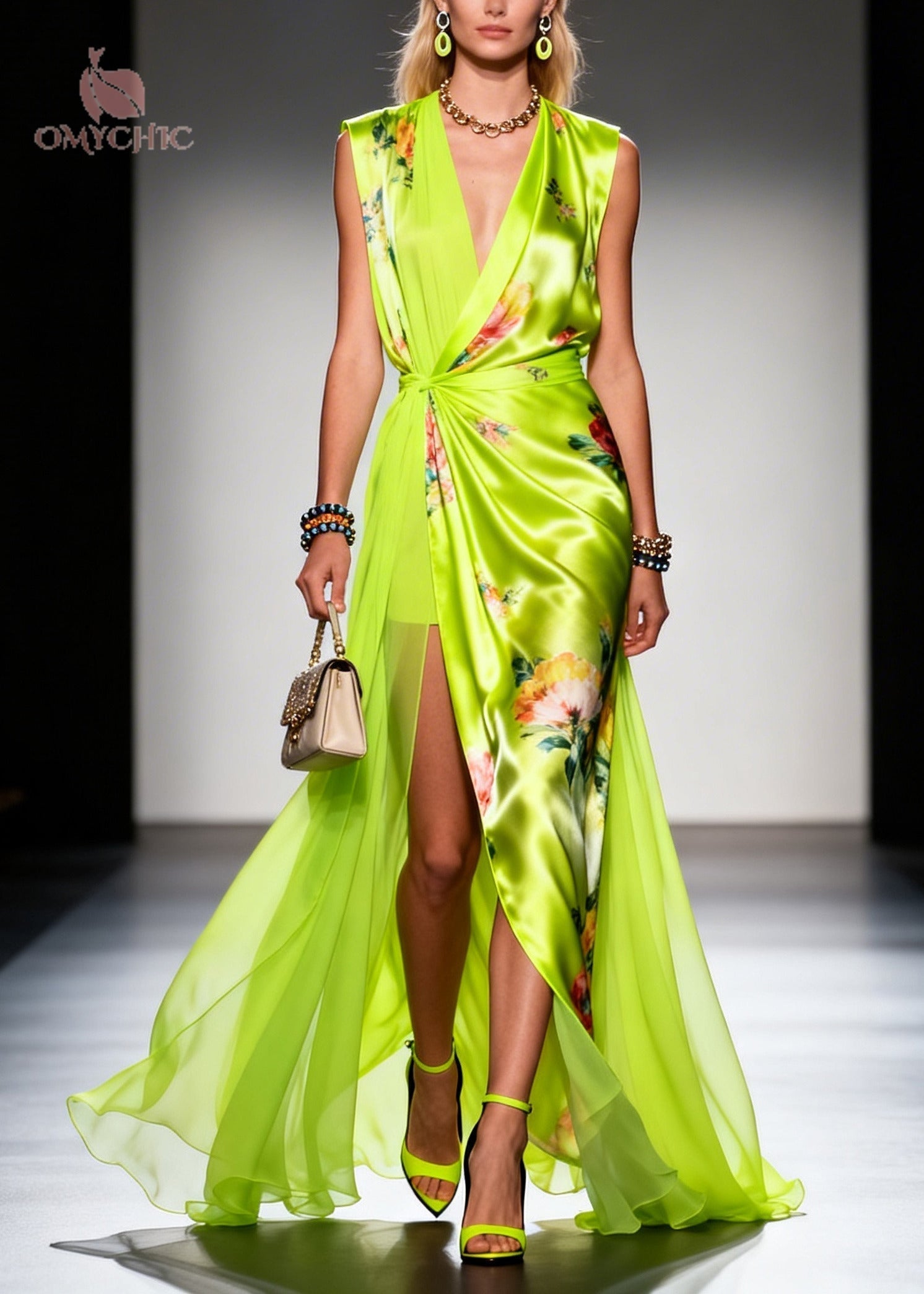 Floral Print Spaghetti Strap Deep V-Neck Wrap High Split Chiffon Maxi Gown