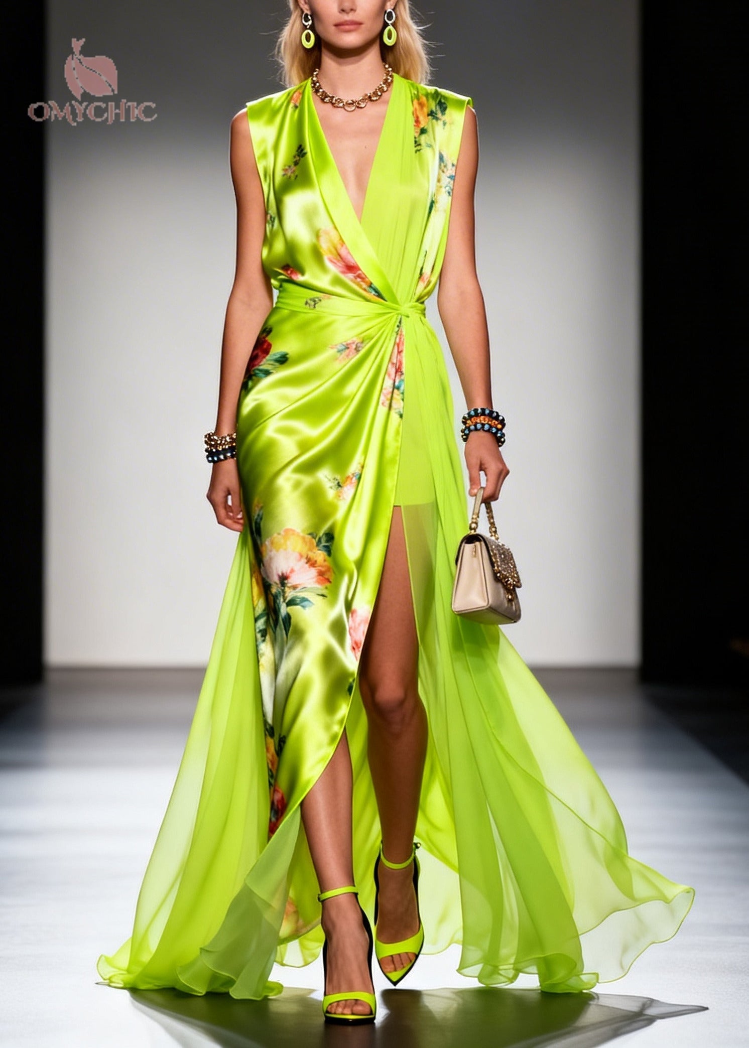 Floral Print Spaghetti Strap Deep V-Neck Wrap Maxi Gown - View 5