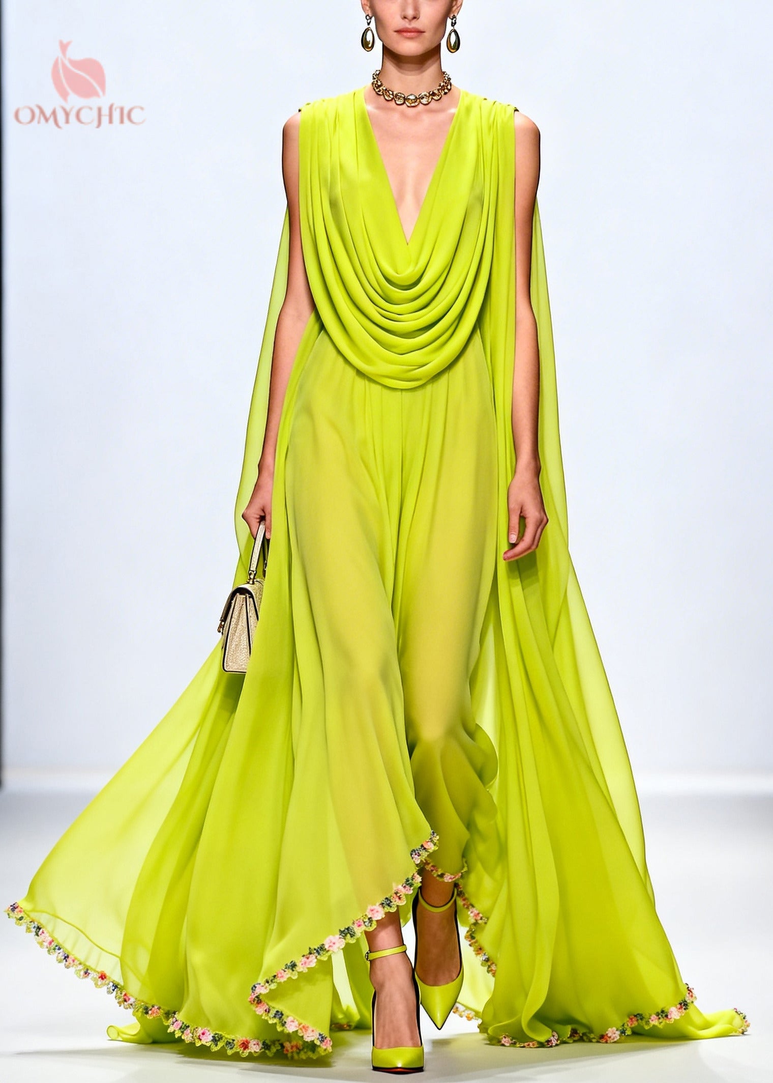 Women Fluorescent Green Turtle Neck Exra Large Hem Chiffon Party Dress Sleeveless