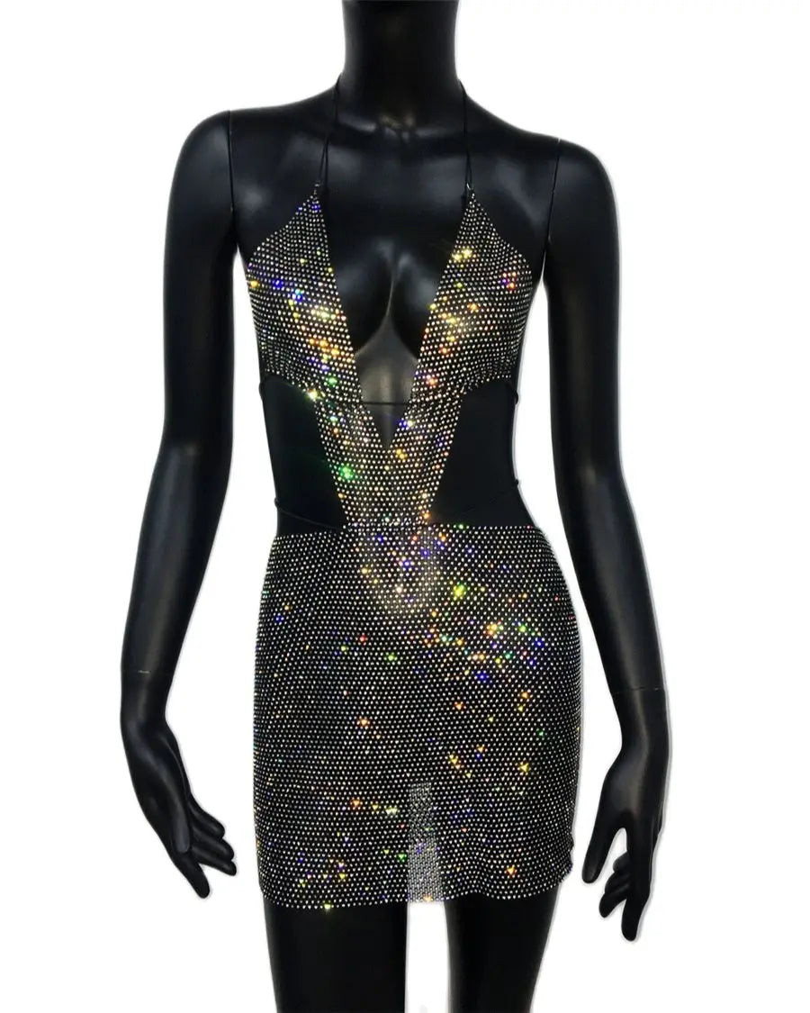 Mesh Halter Neck Cut Out Backless Bodycon Mini Dress