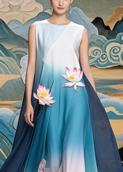 Chiffon Round Neck Sleeveless Lotus Appliqué Landscape Print Maxi Gown