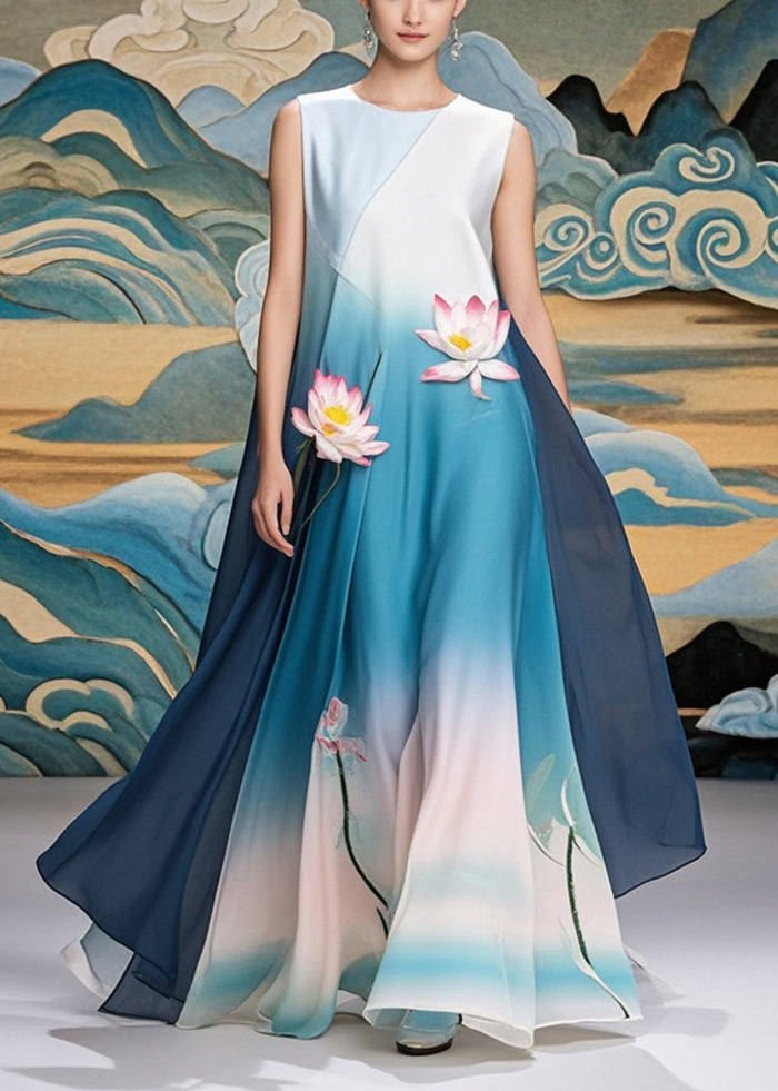 Chiffon Round Neck Sleeveless Lotus Appliqué Landscape Print Maxi Gown