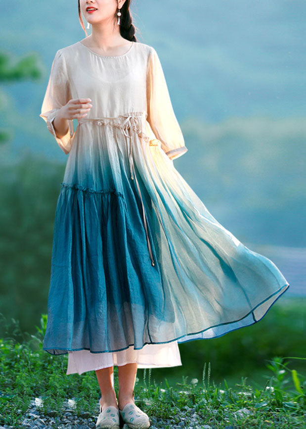 Chiffon Round Neck Three Quarter Sleeve Drawstring Waist Tiered Crinkle Midi Dress