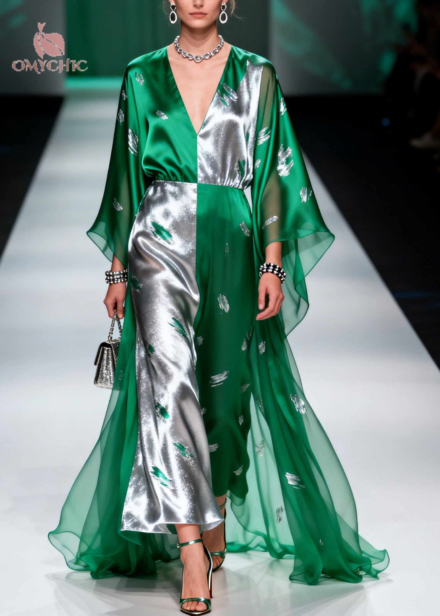 Color Block Leaf Print Deep V-Neck Sheer Cape Sleeve Satin Maxi Gown