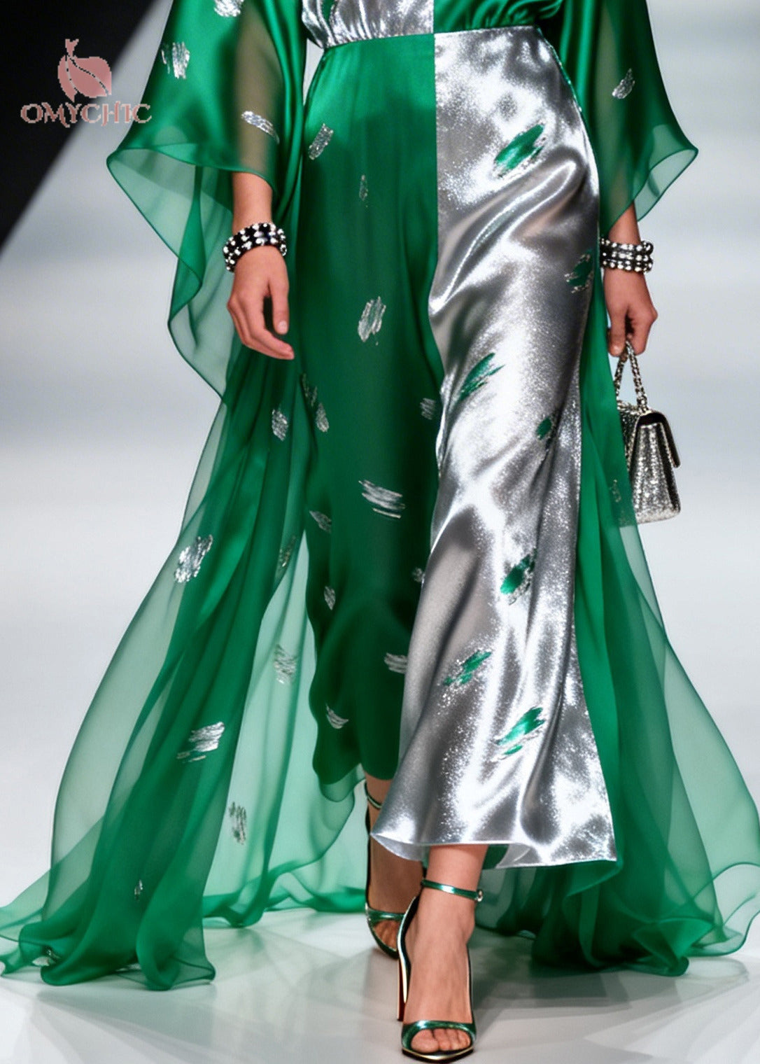 Color Block Leaf Print Deep V-Neck Sheer Cape Sleeve Satin Maxi Gown