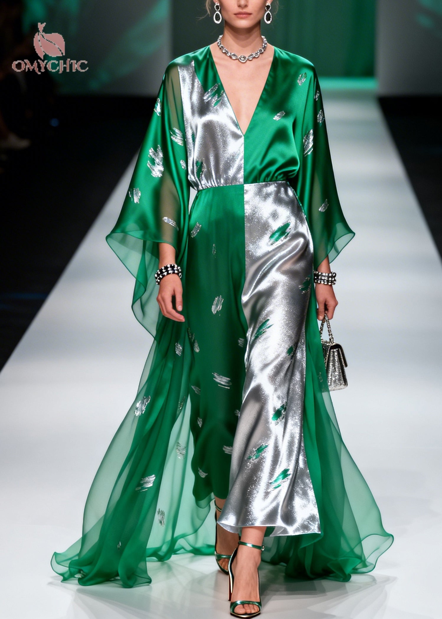 Color Block Leaf Print Deep V-Neck Sheer Cape Sleeve Satin Maxi Gown