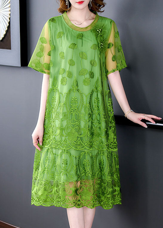 Mesh Round Neck Short Sleeve Floral Appliqué Embroidered Lace Midi Dress