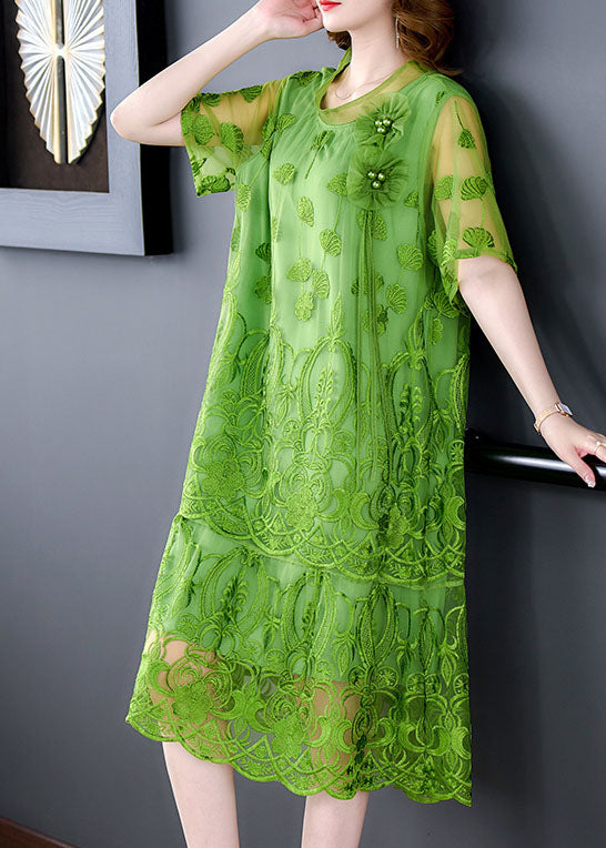 Mesh Round Neck Short Sleeve Floral Appliqué Embroidered Lace Midi Dress