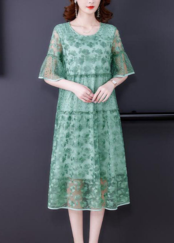 Round Neck Flare Sleeve Floral Lace Tiered Midi Dress