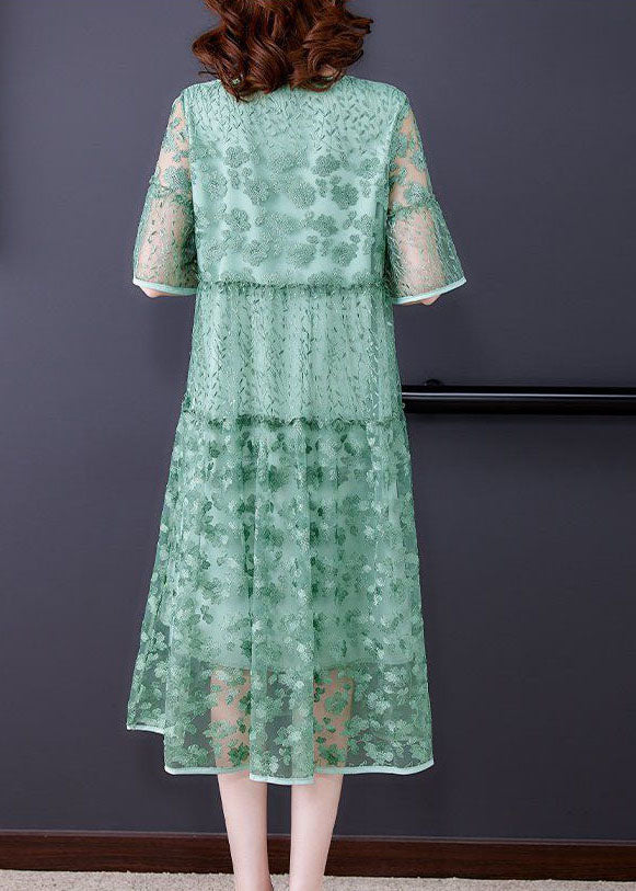 Round Neck Flare Sleeve Floral Lace Tiered Midi Dress
