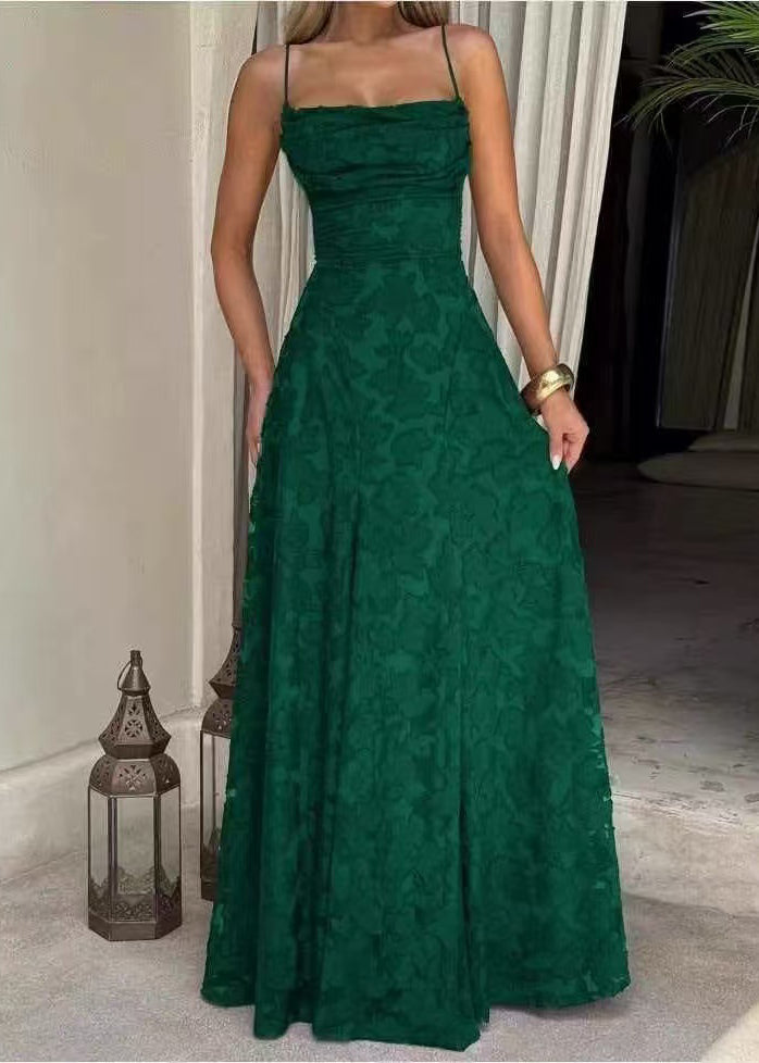 Women Green Exra Large Hem Lace Spaghetti Strap Dress Summer