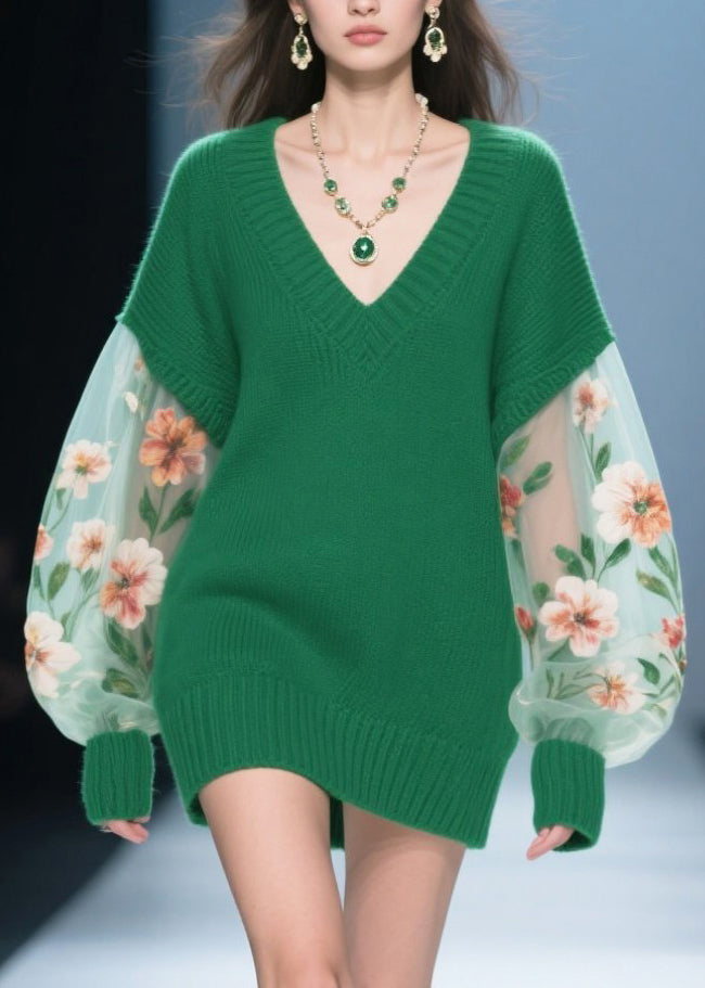 Knit Deep V-Neck Floral Embroidery Sheer Puff Sleeve Mini Sweater Dress