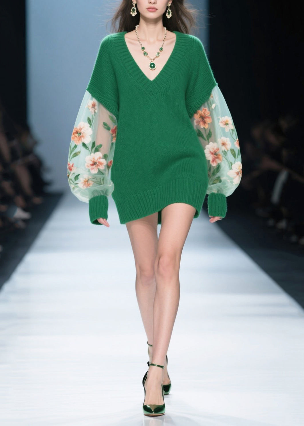 Knit Deep V-Neck Floral Embroidery Sheer Puff Sleeve Mini Sweater Dress