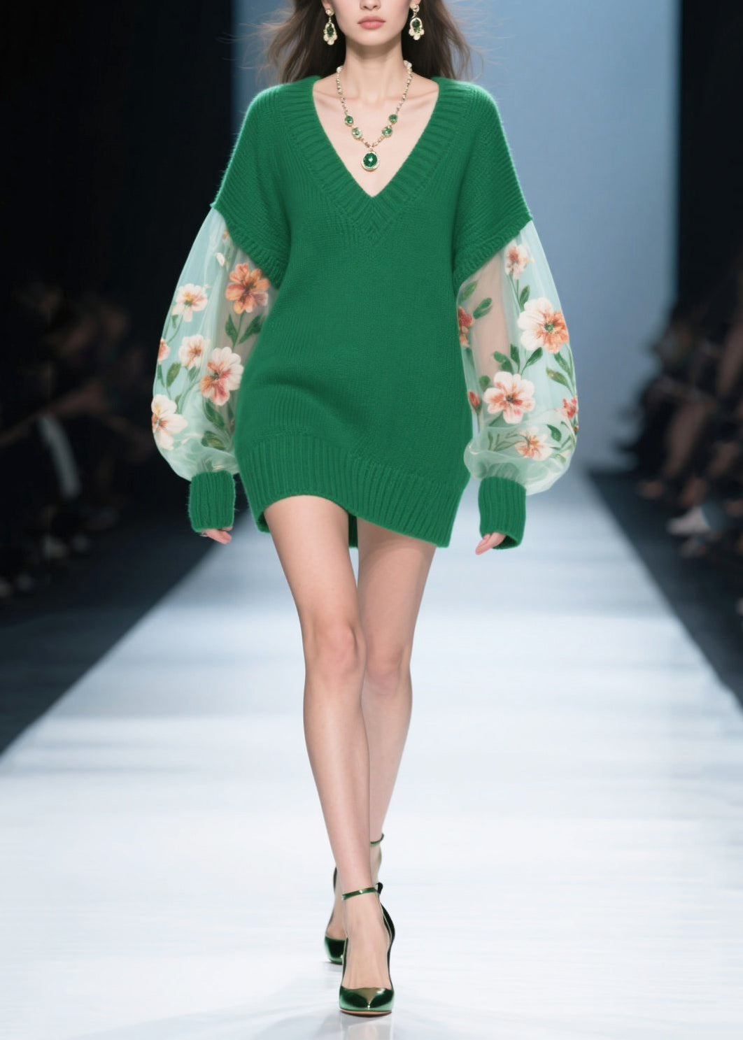 Knit Deep V-Neck Floral Embroidery Sheer Puff Sleeve Mini Sweater Dress