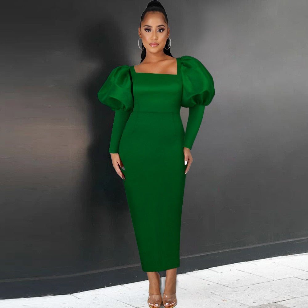 Satin Square Neck Puff Sleeve Bodycon Maxi Dress