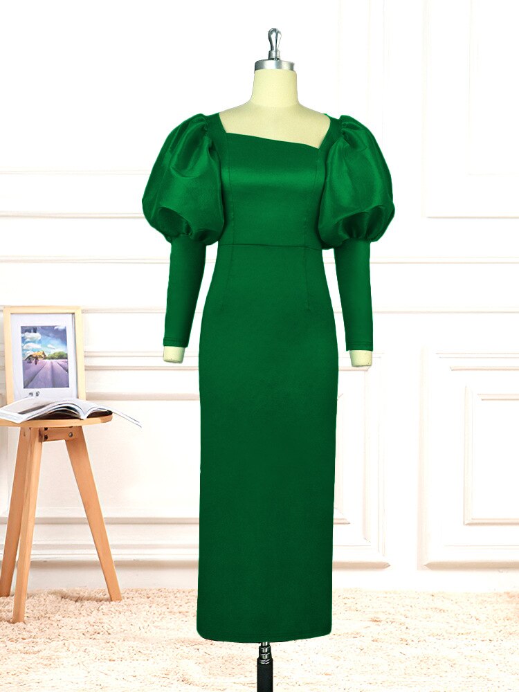 Satin Square Neck Puff Sleeve Bodycon Maxi Dress